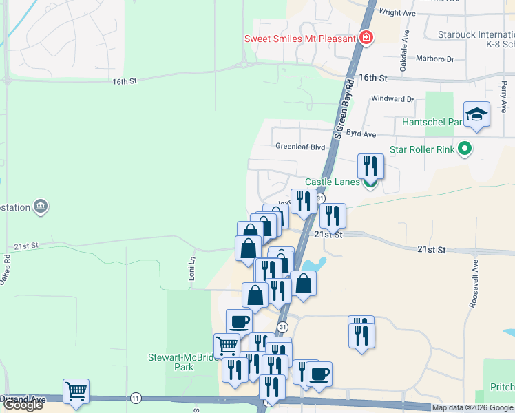 map of restaurants, bars, coffee shops, grocery stores, and more near 2106 Frankie Pl in Racine