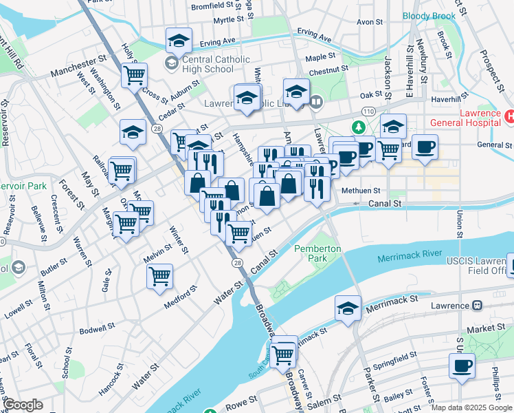 map of restaurants, bars, coffee shops, grocery stores, and more near 422 Common Street in Lawrence