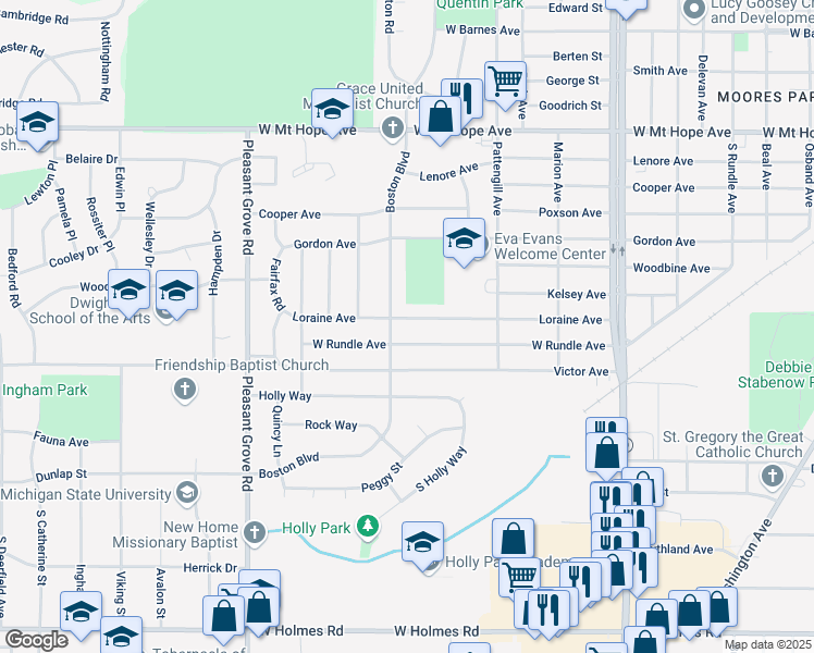 map of restaurants, bars, coffee shops, grocery stores, and more near 1725 Loraine Ave in Lansing