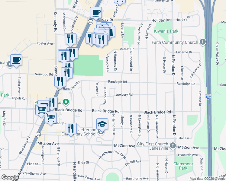 map of restaurants, bars, coffee shops, grocery stores, and more near 2103 Roxbury Road in Janesville