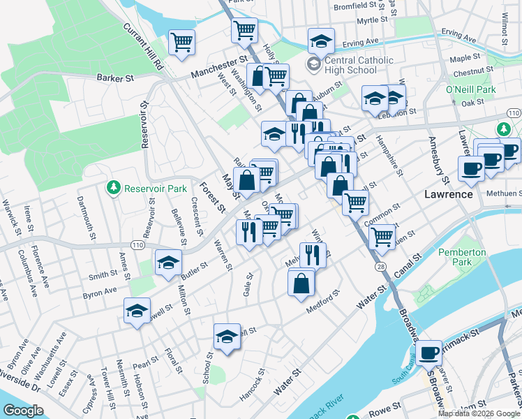map of restaurants, bars, coffee shops, grocery stores, and more near 148 Oxford Street in Lawrence