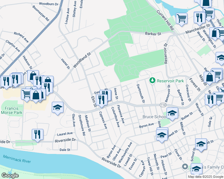 map of restaurants, bars, coffee shops, grocery stores, and more near 188 Dawes Street in Lawrence