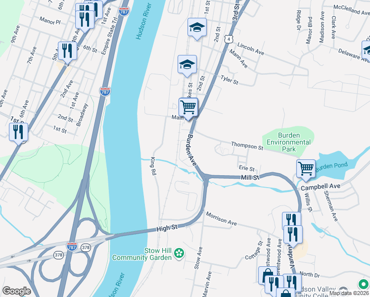 map of restaurants, bars, coffee shops, grocery stores, and more near 709 Burden Avenue in Troy