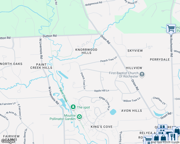 map of restaurants, bars, coffee shops, grocery stores, and more near 695 Cherry Tree Lane in Rochester Hills