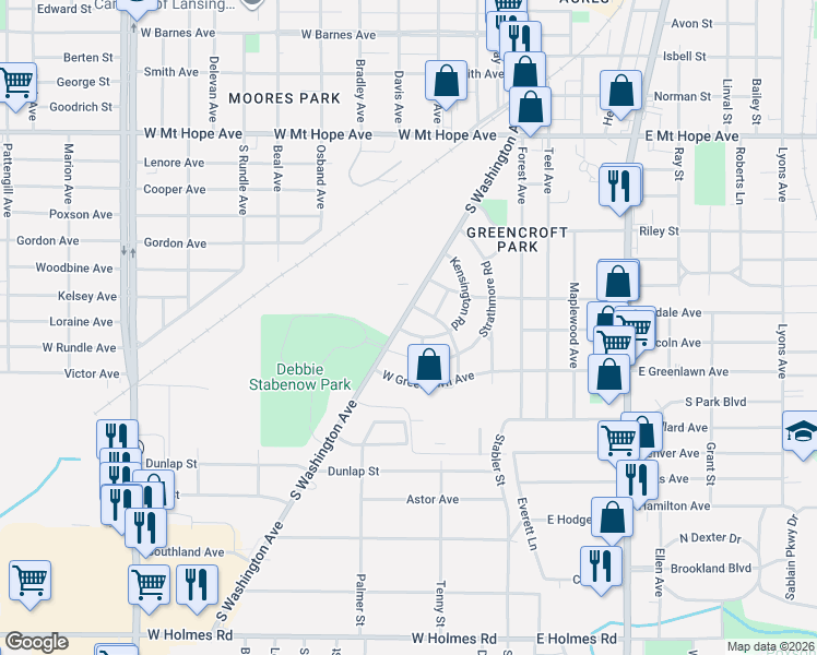map of restaurants, bars, coffee shops, grocery stores, and more near 2437 South Washington Avenue in Lansing