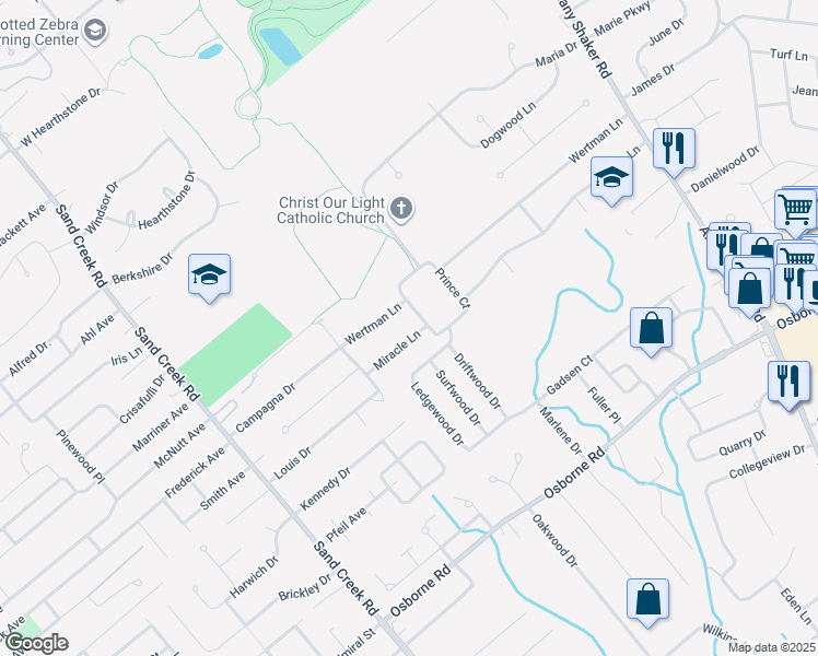 map of restaurants, bars, coffee shops, grocery stores, and more near 55 Miracle Lane in Albany