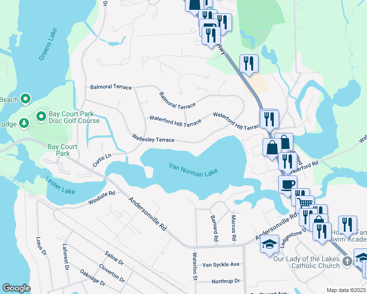 map of restaurants, bars, coffee shops, grocery stores, and more near 6565 Wellesley Terrace in Clarkston