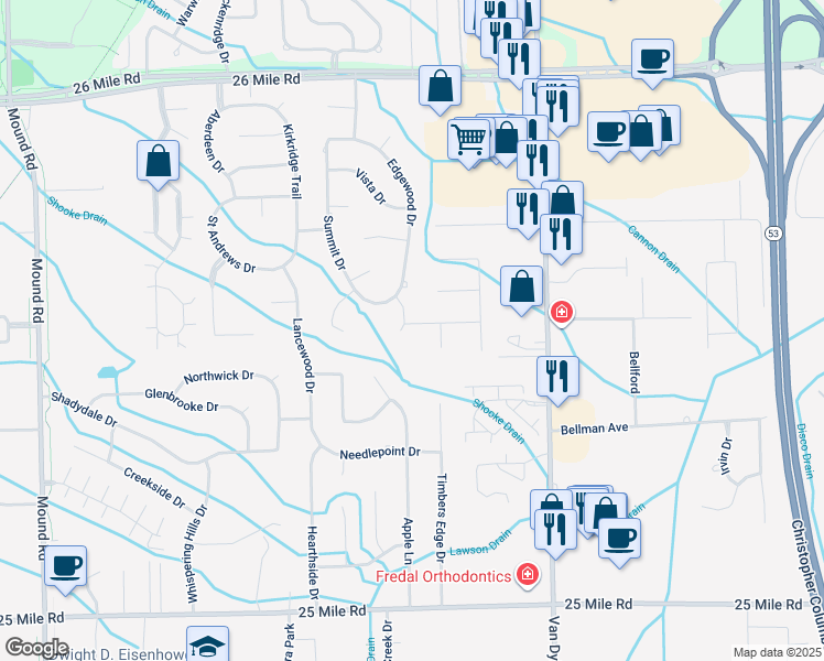 map of restaurants, bars, coffee shops, grocery stores, and more near 55968 Red Cedar Court in Shelby Township