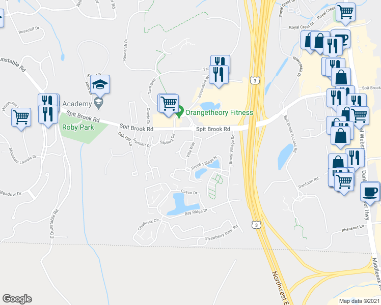 map of restaurants, bars, coffee shops, grocery stores, and more near 3 Black Oak Drive in Nashua