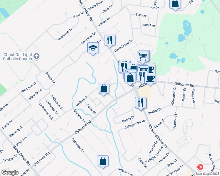 map of restaurants, bars, coffee shops, grocery stores, and more near 15 Anthony Lane in Albany