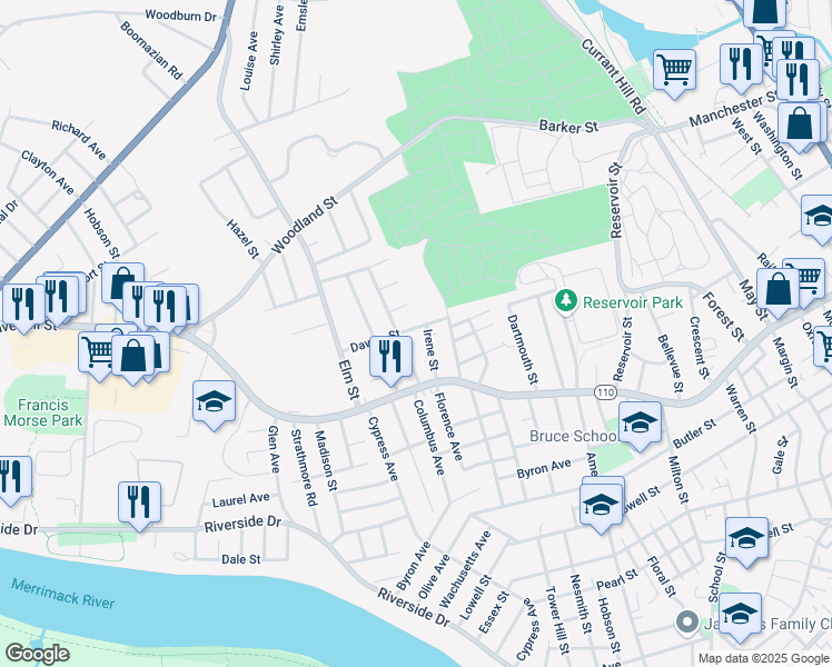 map of restaurants, bars, coffee shops, grocery stores, and more near 188 Dawes Street in Lawrence