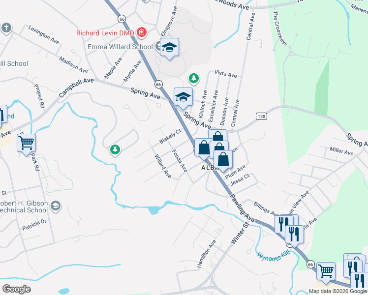 map of restaurants, bars, coffee shops, grocery stores, and more near 7 Munro Court in Troy
