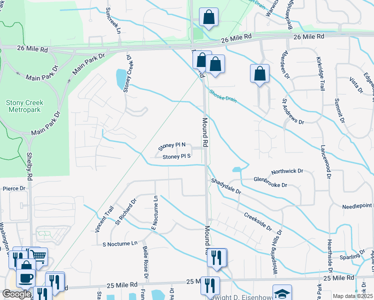map of restaurants, bars, coffee shops, grocery stores, and more near 5736 Stoney Place South in Shelby Township