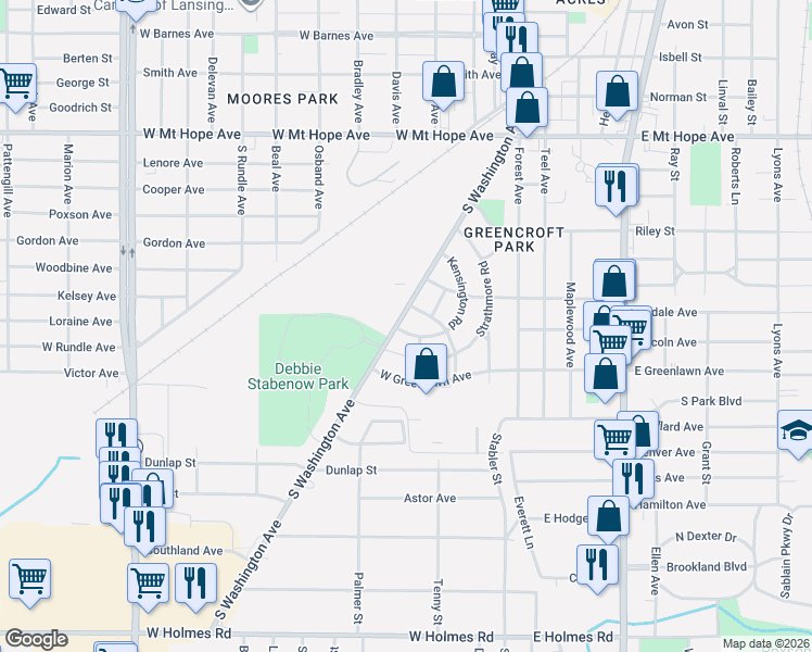 map of restaurants, bars, coffee shops, grocery stores, and more near 2437 South Washington Avenue in Lansing