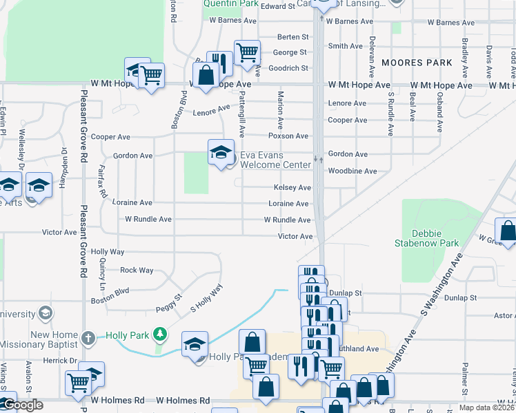 map of restaurants, bars, coffee shops, grocery stores, and more near 1405 Loraine Avenue in Lansing