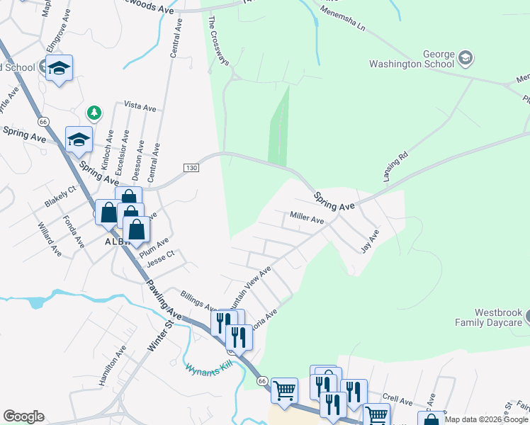 map of restaurants, bars, coffee shops, grocery stores, and more near 33 Miller Avenue in Troy
