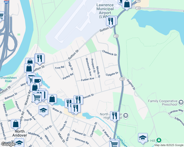 map of restaurants, bars, coffee shops, grocery stores, and more near 15 Wentworth Avenue in North Andover