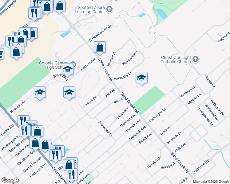 map of restaurants, bars, coffee shops, grocery stores, and more near 75 Ahl Avenue in Albany