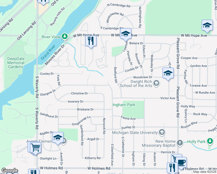 map of restaurants, bars, coffee shops, grocery stores, and more near 2600 S Deerfield Ave in Lansing