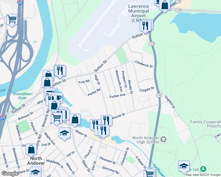 map of restaurants, bars, coffee shops, grocery stores, and more near 23 Brightwood Avenue in North Andover