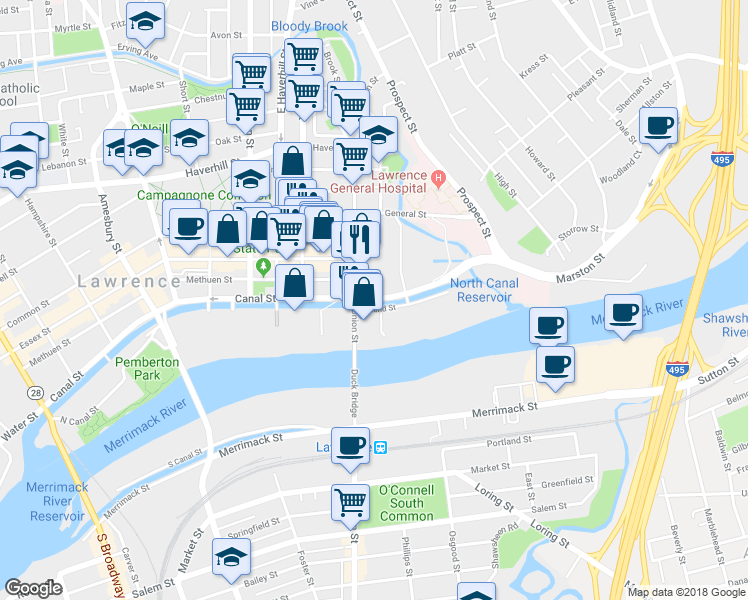 map of restaurants, bars, coffee shops, grocery stores, and more near 11 Union Street in Lawrence
