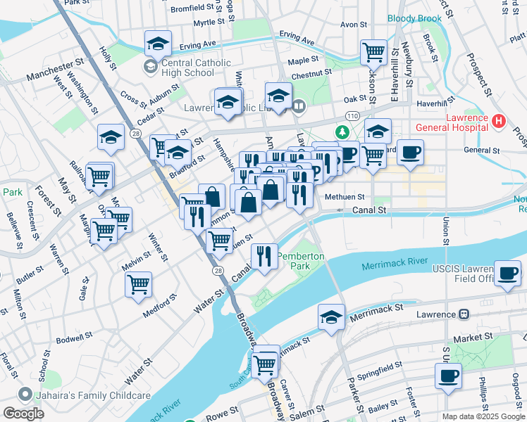 map of restaurants, bars, coffee shops, grocery stores, and more near 445 Essex St in Lawrence