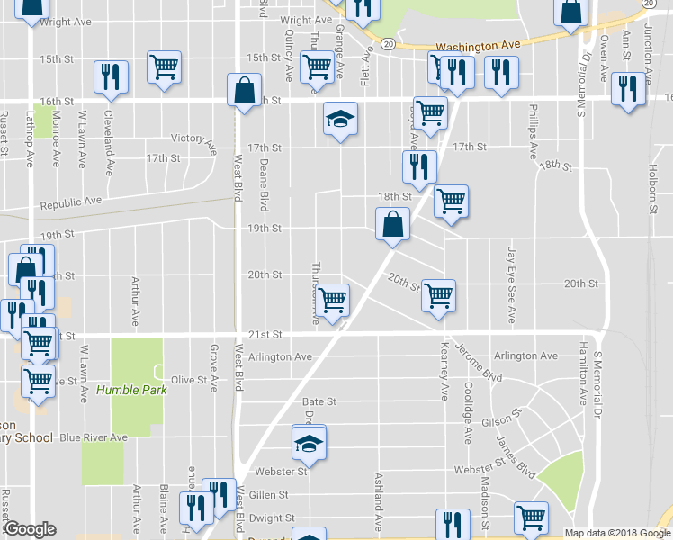 map of restaurants, bars, coffee shops, grocery stores, and more near 1950 Grange Avenue in Racine