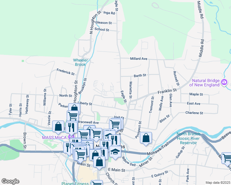 map of restaurants, bars, coffee shops, grocery stores, and more near 18 Estes Street in North Adams