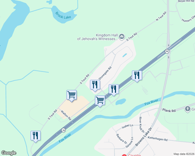 map of restaurants, bars, coffee shops, grocery stores, and more near 2125 Stonegate Road in Burlington