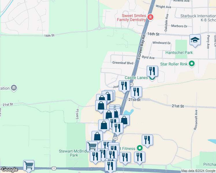 map of restaurants, bars, coffee shops, grocery stores, and more near 5902 Joanne Drive in Racine