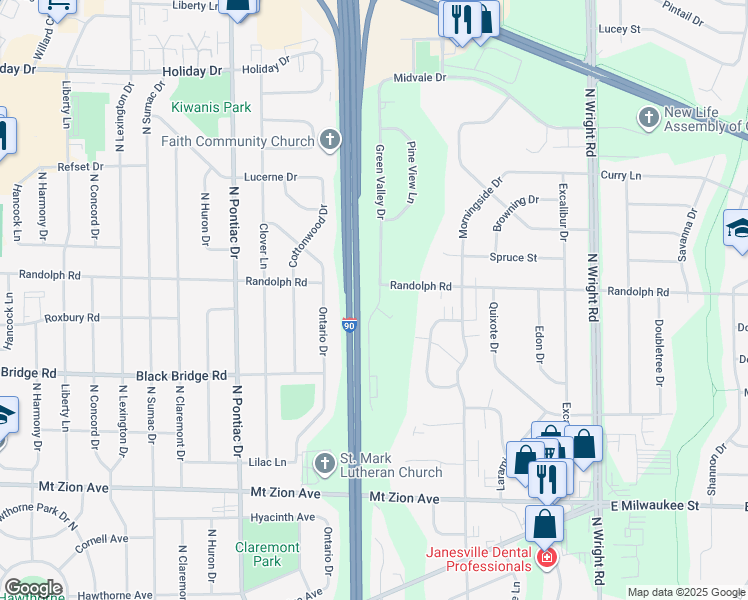 map of restaurants, bars, coffee shops, grocery stores, and more near 1911 Green Valley Drive in Janesville