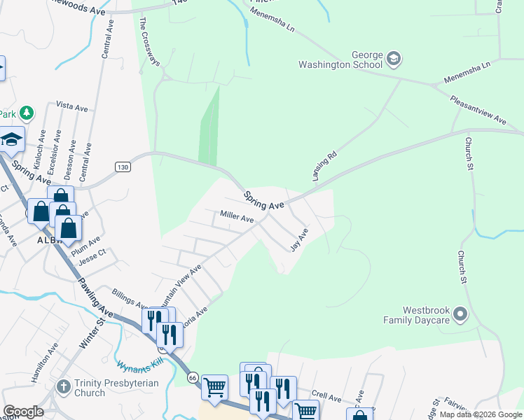 map of restaurants, bars, coffee shops, grocery stores, and more near 1021 Spring Avenue in Troy