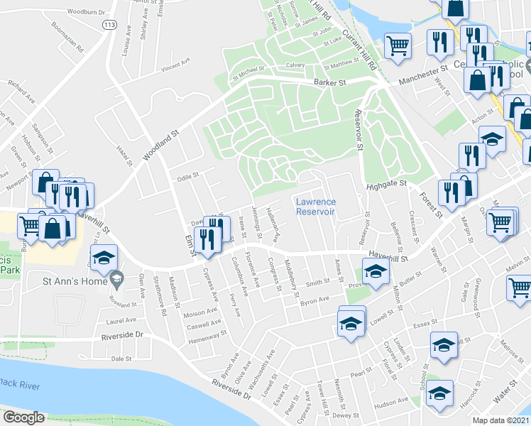 map of restaurants, bars, coffee shops, grocery stores, and more near 16 Tudor Avenue in Lawrence