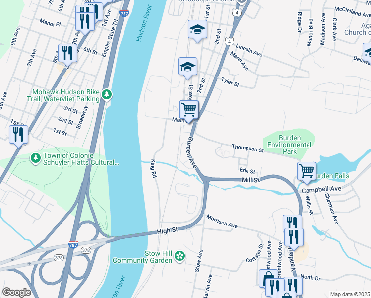 map of restaurants, bars, coffee shops, grocery stores, and more near 709 Burden Avenue in Troy