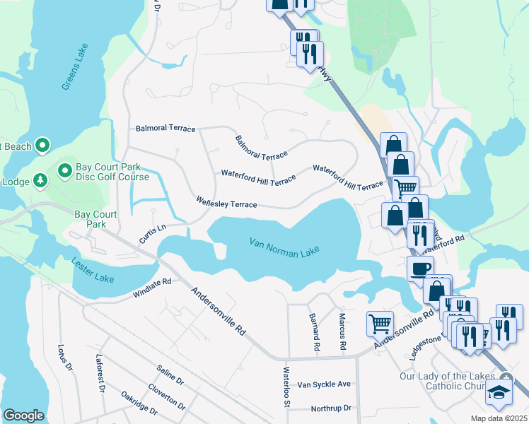 map of restaurants, bars, coffee shops, grocery stores, and more near 6565 Wellesley Terrace in Village of Clarkston