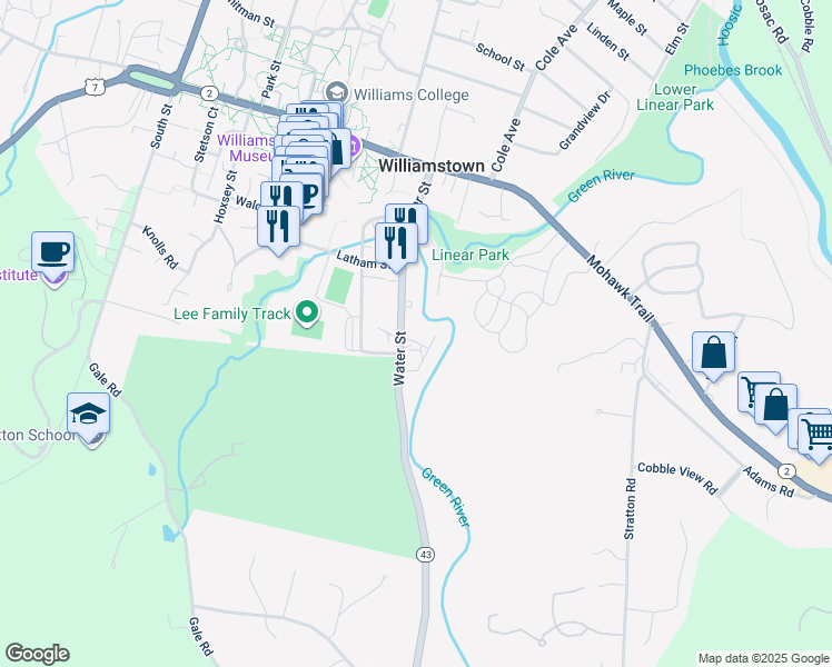 map of restaurants, bars, coffee shops, grocery stores, and more near 160 Water Street in Williamstown