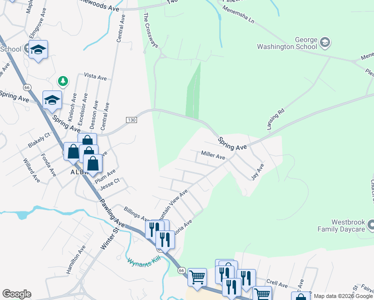 map of restaurants, bars, coffee shops, grocery stores, and more near 33 Miller Avenue in Troy