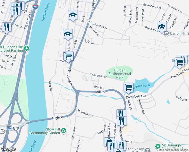 map of restaurants, bars, coffee shops, grocery stores, and more near 54 Thompson Street in Troy