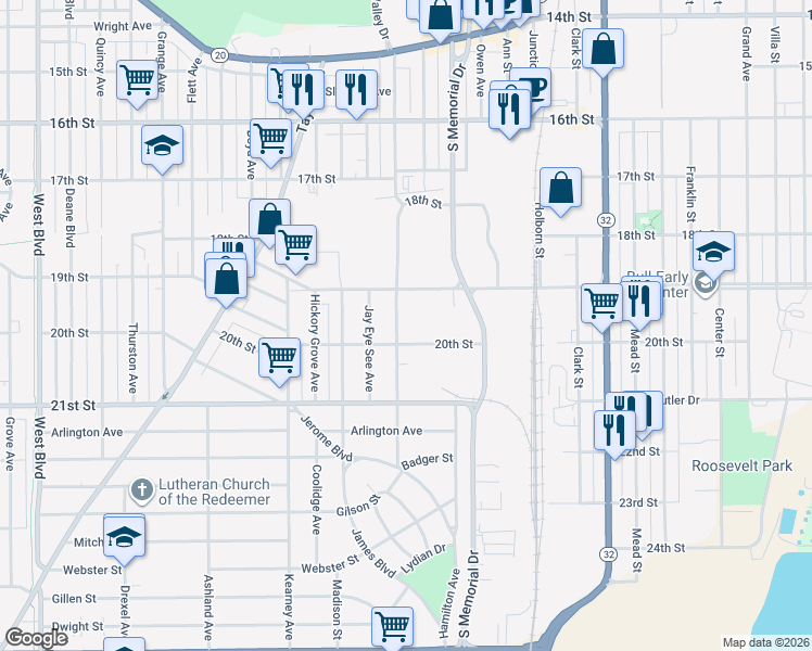 map of restaurants, bars, coffee shops, grocery stores, and more near 1807 De Koven Avenue in Racine