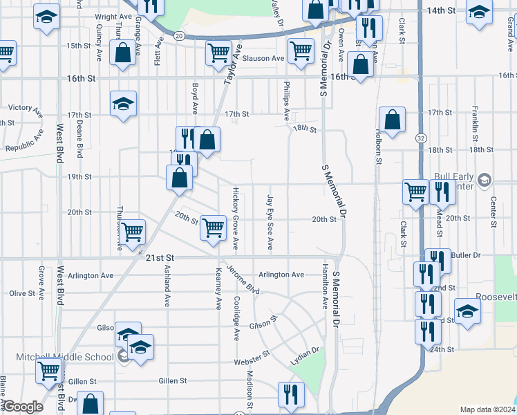 map of restaurants, bars, coffee shops, grocery stores, and more near 1933 Case Avenue in Racine