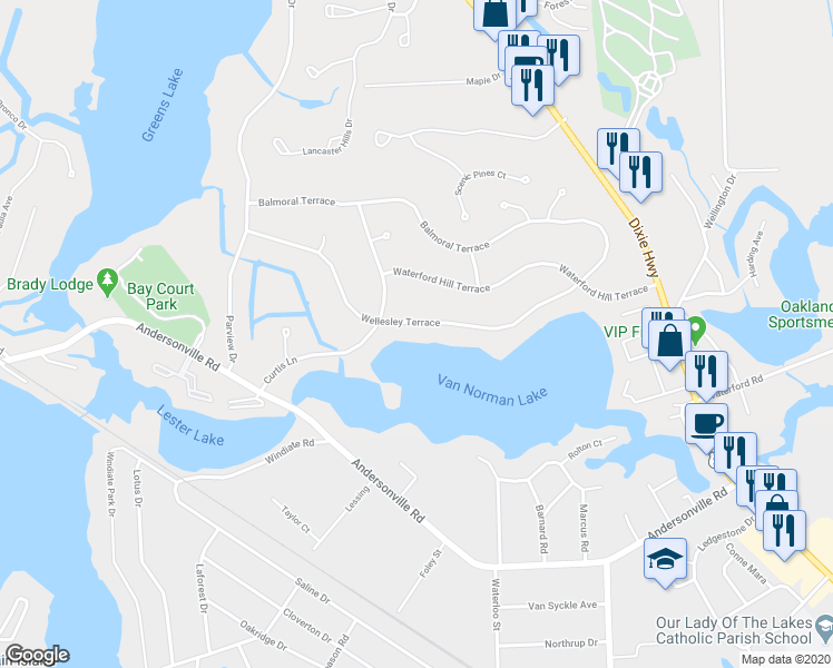 map of restaurants, bars, coffee shops, grocery stores, and more near 6695 Wellesley Terrace in Clarkston