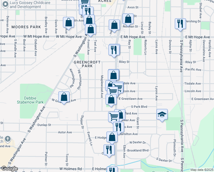 map of restaurants, bars, coffee shops, grocery stores, and more near 317 Lincoln Avenue in Lansing