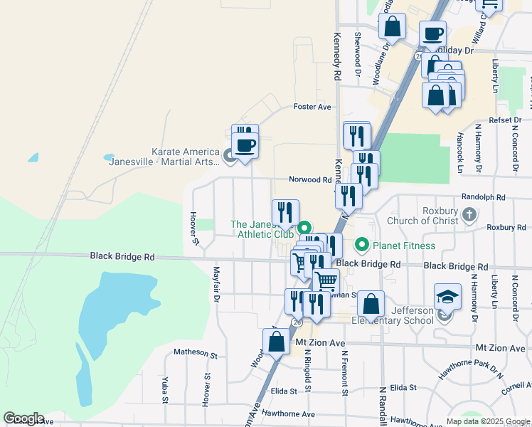map of restaurants, bars, coffee shops, grocery stores, and more near 1837 Alden Road in Janesville
