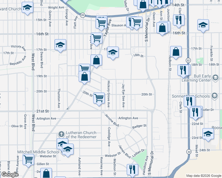 map of restaurants, bars, coffee shops, grocery stores, and more near 1936 Hickory Grove Avenue in Racine