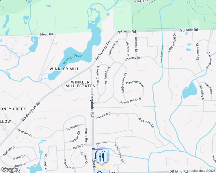 map of restaurants, bars, coffee shops, grocery stores, and more near 56154 Ashbrooke Drive West in Shelby Township
