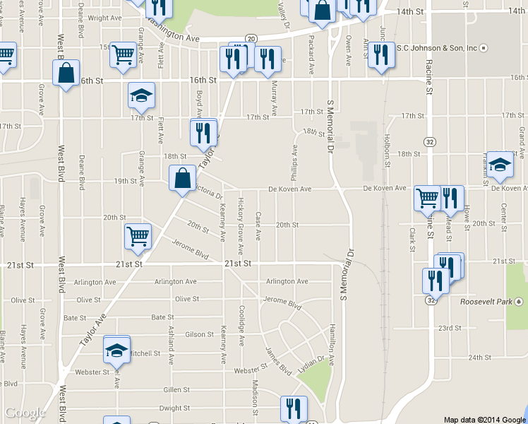 map of restaurants, bars, coffee shops, grocery stores, and more near 1933 Case Avenue in Racine