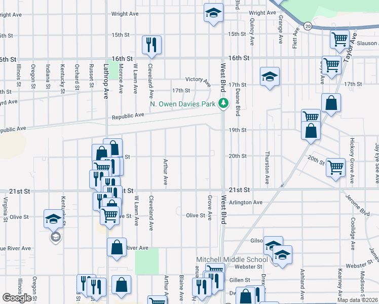 map of restaurants, bars, coffee shops, grocery stores, and more near 3310 20th St in Racine