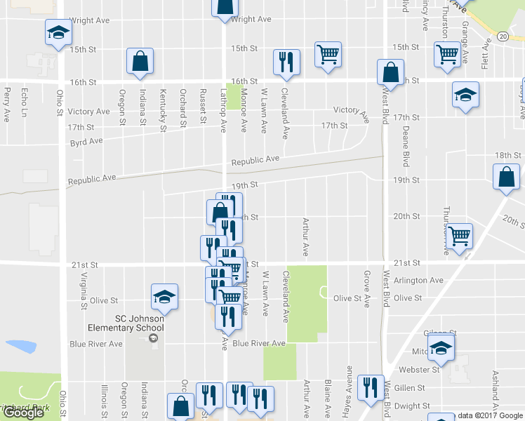map of restaurants, bars, coffee shops, grocery stores, and more near 3700 20th Street in Racine