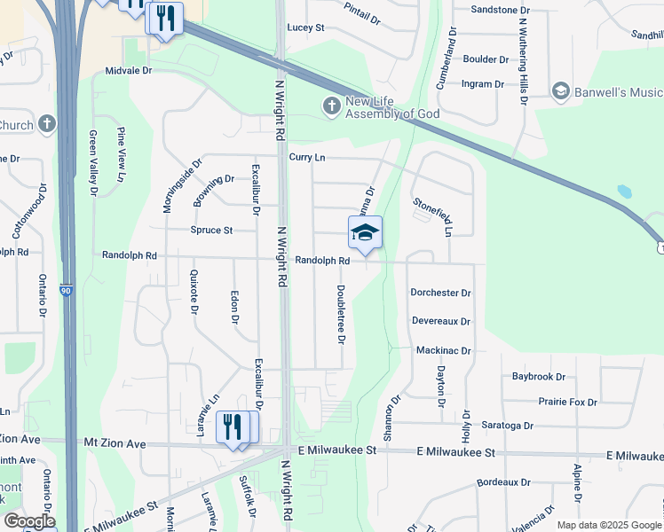 map of restaurants, bars, coffee shops, grocery stores, and more near 3718 Randolph Road in Janesville