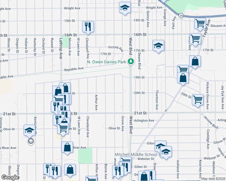 map of restaurants, bars, coffee shops, grocery stores, and more near 3310 20th Street in Racine
